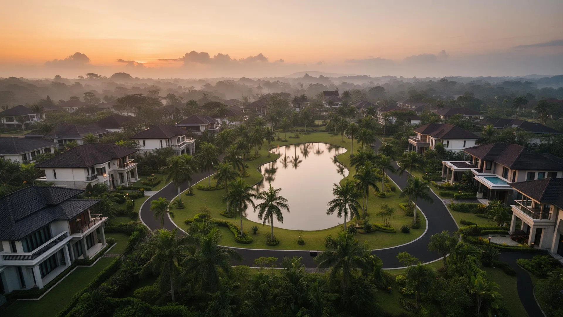 Pemandangan udara township mewah SOTAKARYA saat golden hour
